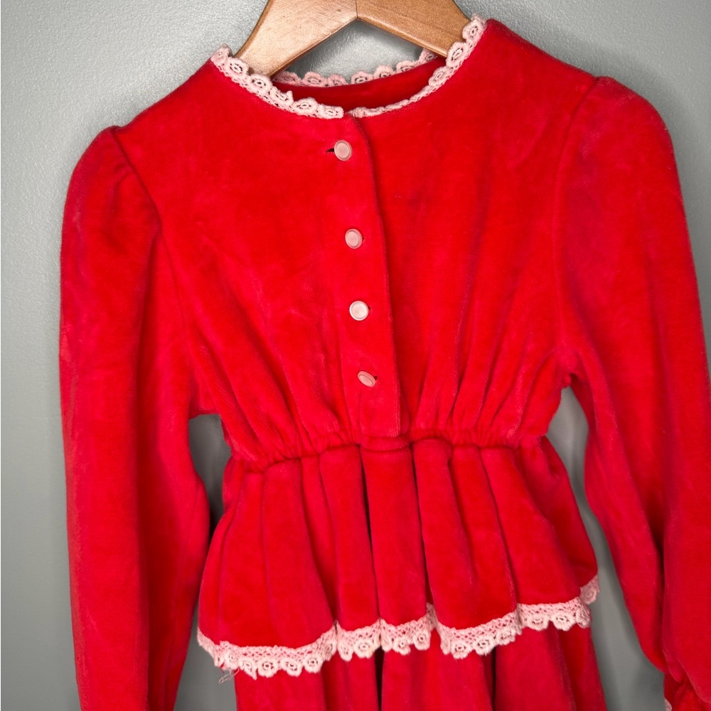 Peaches ‘n Cream Vintage 70s Layered Red Velour Lace Trimmed Dress - Picture 5 of 9